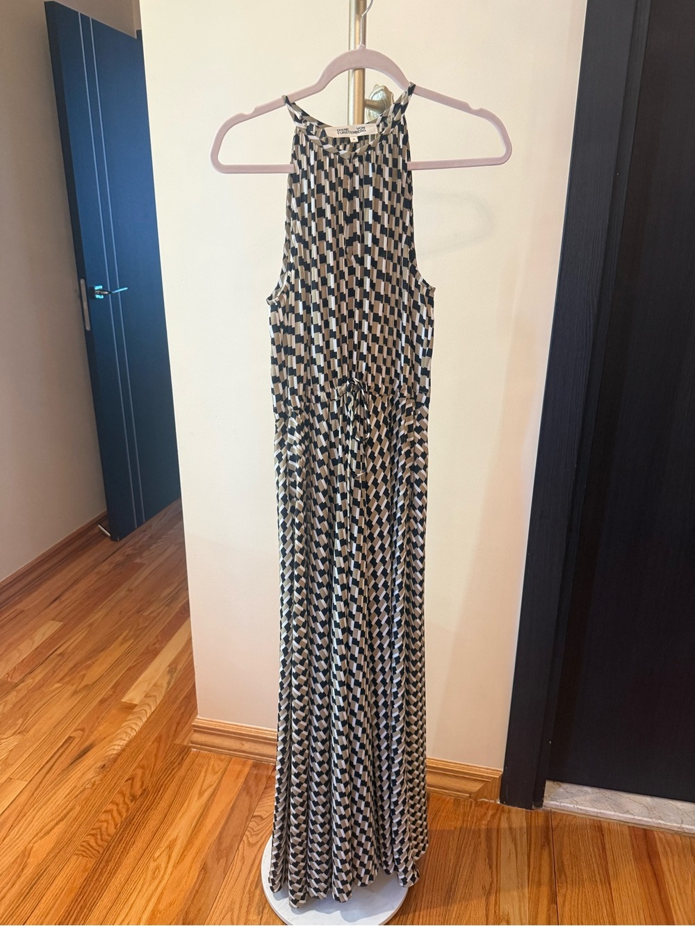 Diane Von Furstenberg Black and Cream Geometric Halter Maxi